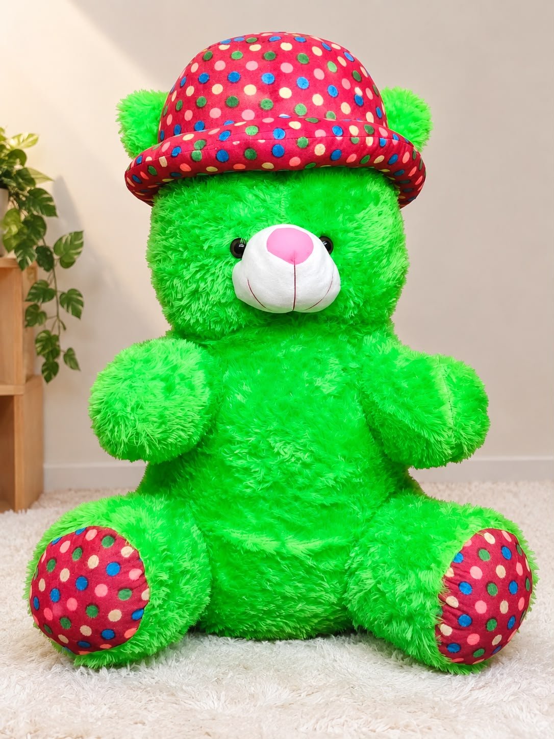 3 Feet Green Teddy Bear with Polka Dot Hat – Large Plush Soft Toy