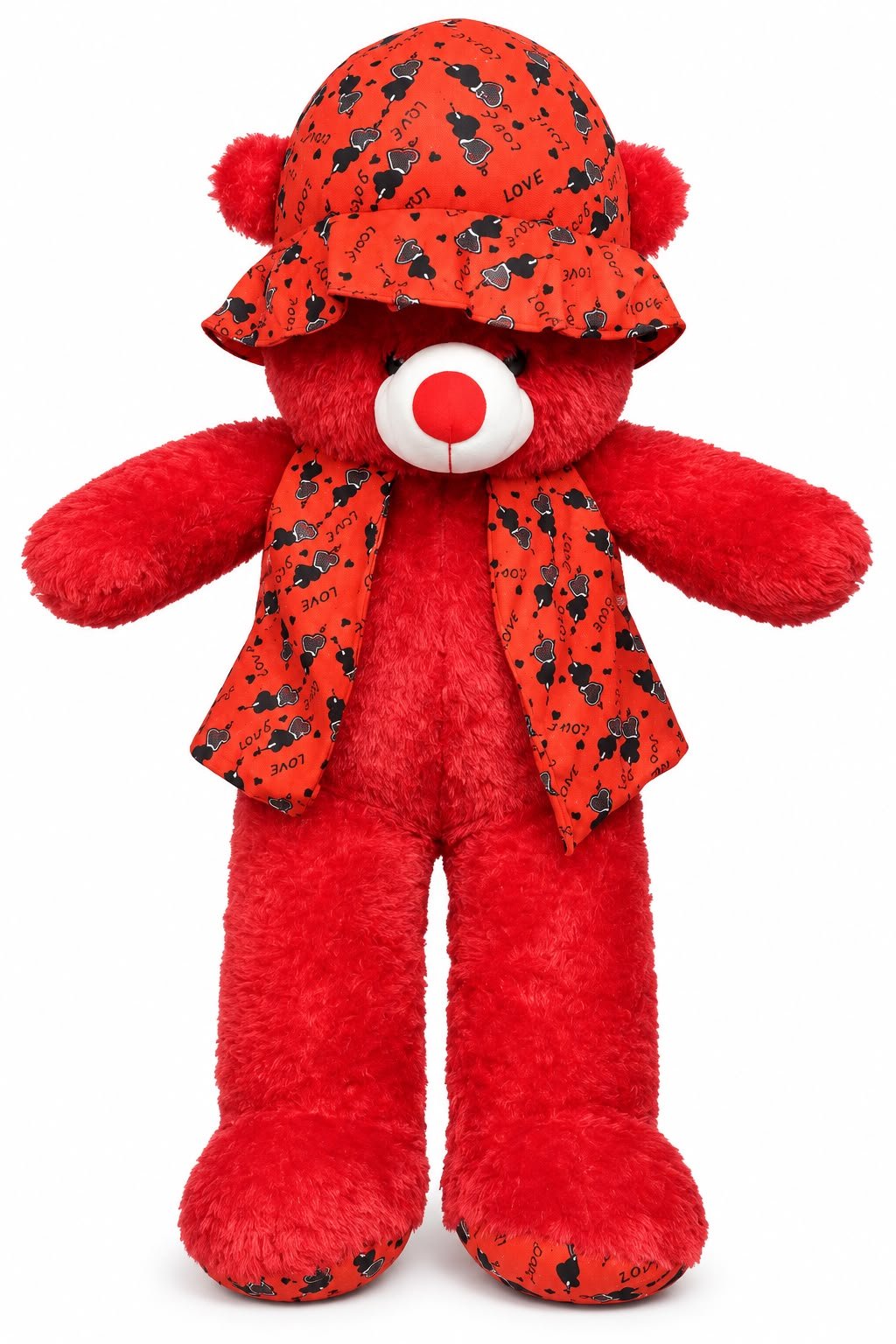 3.5 Feet Red Teddy Bear with Love Print Hat & Scarf – Large Plush Teddy